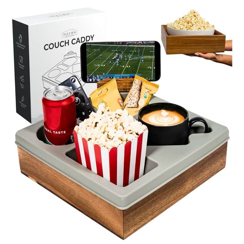 Couch Caddy with Gray Tray and Wooden Base & a Phone Holder